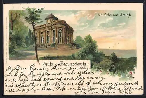 Lithographie Braunschweig, Blick auf Alt-Richmont-Schloss