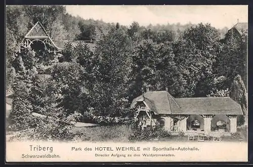 AK Triberg /Schwarzwaldbahn, Park des Hotel Wehrle mit Sporthalle-Autohalle