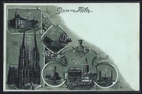 Mondschein-Lithographie Köln, Dom, Rathaus, Post