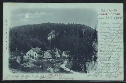 Mondschein-AK Schüttersmühle /Fränkische Schweiz, Ortspartie mit Strasse