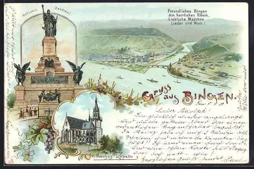 Lithographie Bingen, National-Denkmal, St. Rochus Kapelle
