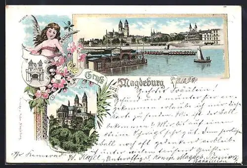 Lithographie Magdeburg, Uferpartie mit Dom, Englein hält Wappen