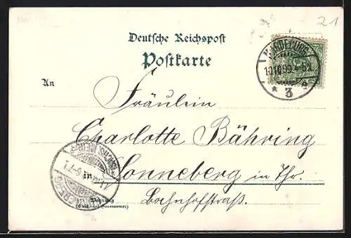 Lithographie Magdeburg, Uferpartie mit Dom, Englein hält Wappen