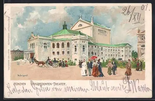 Künstler-AK München, Spaziergänger am Prinzregenten-Theater