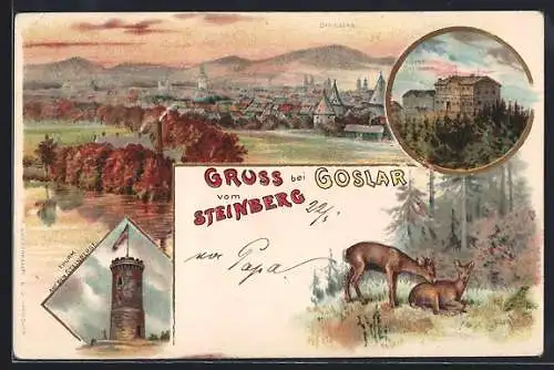 Lithographie Goslar, Hotel Steinberg, Turm, Rehbock und Reh