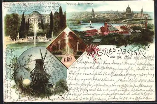 Lithographie Potsdam, Historische Mühle, Eingang n. Sanssouci, Schloss und Panorama v. Brauhausberg