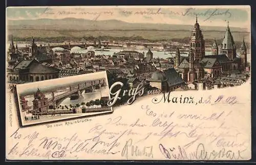 Lithographie Mainz, Gesamtansicht, neue Rheinbrücke
