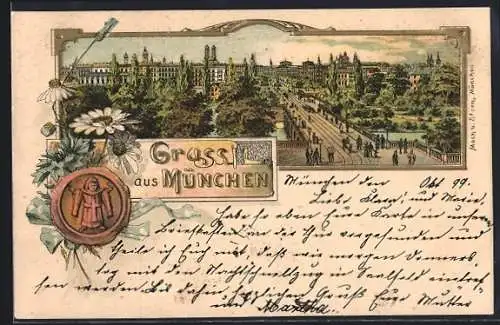 Lithographie München, Teilansicht aus der Vogelschau, Siegel mit Münchener Kindl