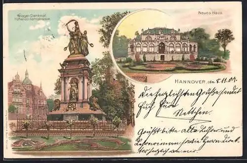 Lithographie Hannover, Hohenzollernstrasse mit Krieger-Denkmal u. Neuem Haus