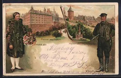 Lithographie Altenburg / S.-A., Paar in thüringischer Tracht, Schloss mit Auffahrt