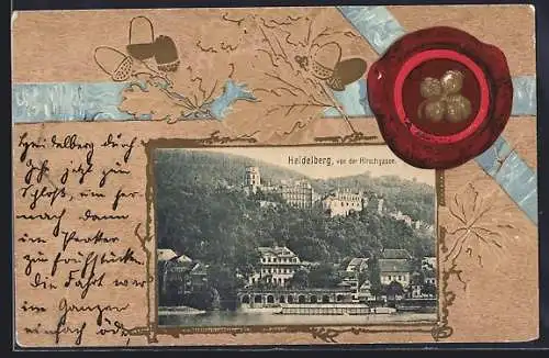 Lithographie Heidelberg, Schloss von der Hirschgasse aus gesehen, Siegel mit Eicheln, Passepartout