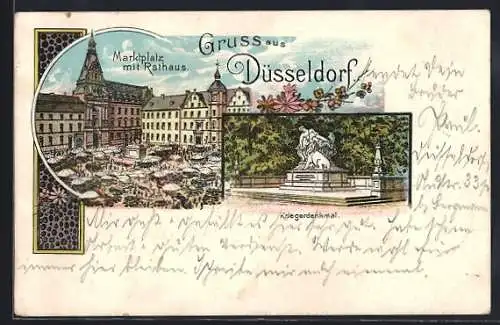 Lithographie Düsseldorf, Marktplatz mit Rathaus, Kriegerdenkmal