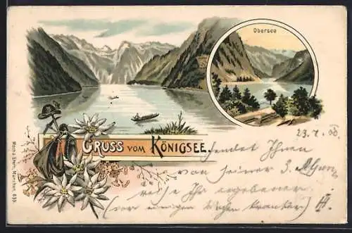 Lithographie Königsee / St. Bartholomä, Panorama, Blick über den Obersee
