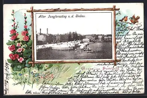 Lithographie Hamburg-Neustadt, Alter Jungfernstieg nach dem Umbau, Vögel auf einem Zweig, Passepartout