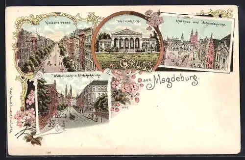 Lithographie Magdeburg, Rathaus und Johanniskirche, Herrenkrug, Kaiserstrasse