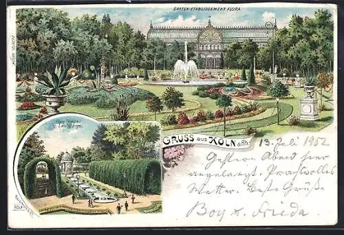 Lithographie Köln-Riehl, Garten-Restaurant Flora, Flora-Tempel und Laubgänge
