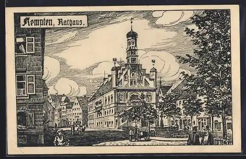 Künstler-AK Kempten / Allgäu, Strassenpartie am Rathaus