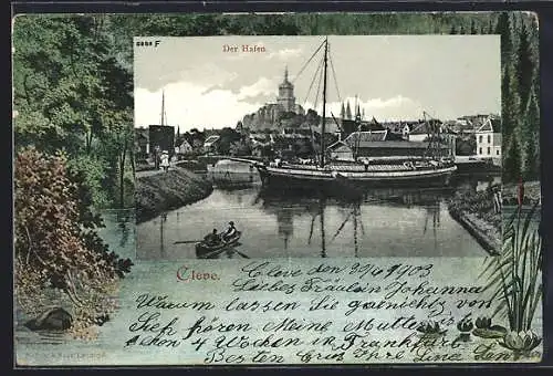 AK Cleve, Hafenpanorama mit Turmgebäude, Gewässer mit Seerosen