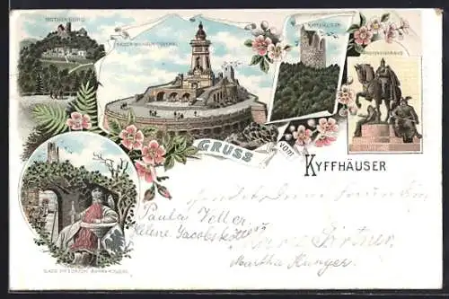 Lithographie Kyffhäuser / Kaiser Wilhelm Denkmal, Kaiser-Wilhelm-denkmal, Rothenburg und Reiterstandbild