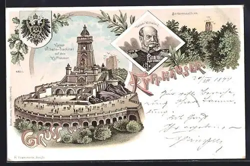Lithographie Kyffhäuser, Kaiser Wilhelm- Denkmal, Portrait Kaiser Wilhelm I.