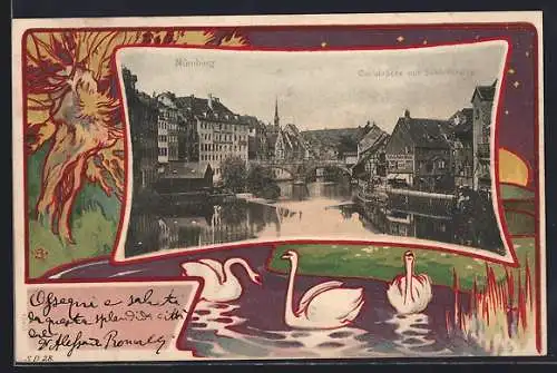 Lithographie Nürnberg, Carlsbrücke mit Schleifersteg, Schwanenteich bei Nacht, Passepartout