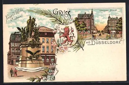 Lithographie Düsseldorf, Hotel Prinz Alexander i. d. Elberfelder Strasse, Bes. Ernst Delvaux, Kaiser Wilhelm Denkmal