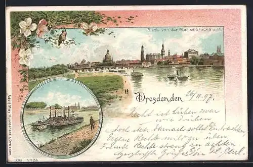 Lithographie Dresden, Blick von der Marienbrücke aus, Frachtdampfer
