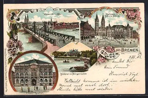 Lithographie Bremen, Weserbrücke, Dom, Rathaus