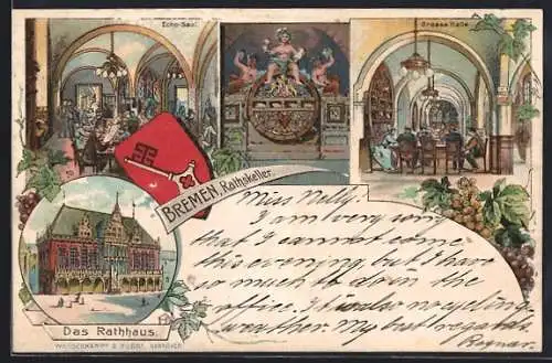 Lithographie Bremen, Rathskeller, Das Rathaus, Echo-Saal, Grosse Halle