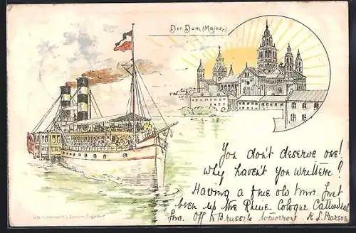 Lithographie Mainz, Dampferfahrt, Dom