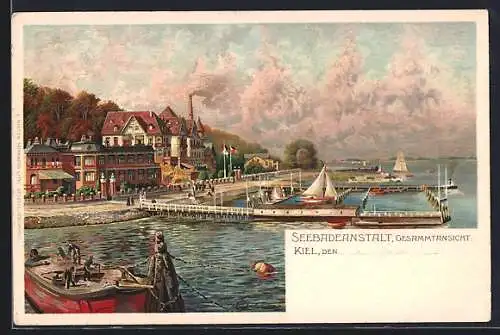 Lithographie Kiel, Seebadeanstalt, Gesamtansicht