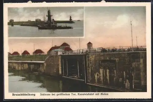 AK Brunsbüttel, Brunsbüttelkoog, Schleuse bei geöffnetem Tor, Kanaleinfahrt mit Molen, Dampfer