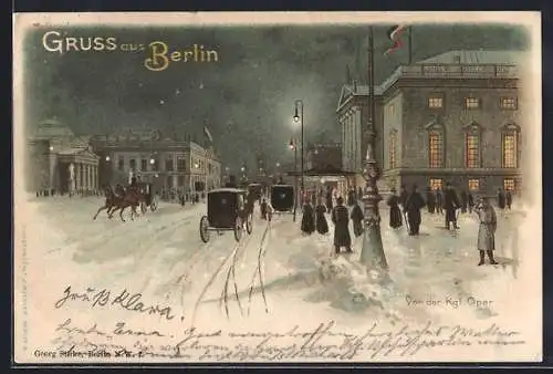 Lithographie Berlin, Vor der Kgl. Oper im Winter, Kutschen