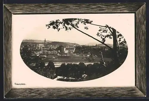 Präge-AK Traunstein, Teilansicht mit Bäumen, Passepartout