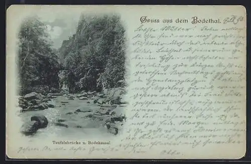 Mondschein-AK Thale, Teufelsbrücke und Bodekessel im Bodethal