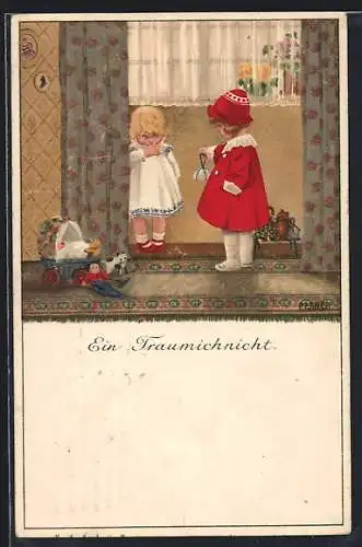 Künstler-AK Pauli Ebner: Kleines Mädchen mit Daumen im Mund traut sich nicht