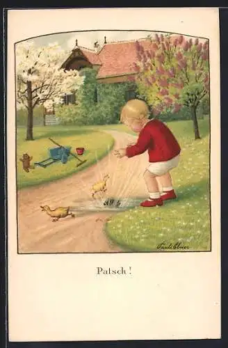 Künstler-AK Pauli Ebner: Junge lässt einen Stein in eine Pfütze platschen