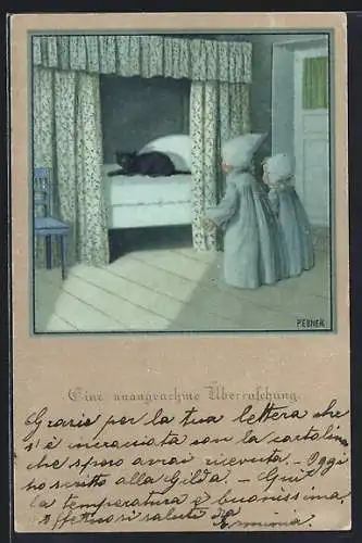 Künstler-AK Pauli Ebner: Mädchen im Nachtgewand entdecken schwarze Katze im Bett