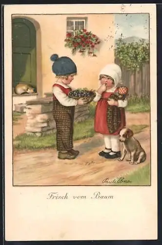 Künstler-AK Pauli Ebner: Kinder mit Hund und Obstschale