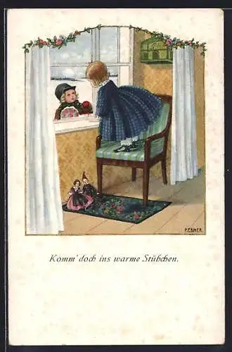 Künstler-AK Pauli Ebner: Komm` doch ins warme Stübchen!, Junge bei Mädchen vorm Fenster
