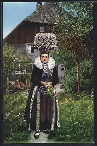 AK Volkstrachen aus bad. Schwarzwald, Schäppelmädchen von St. Georgen