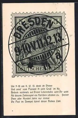 AK Dresden, Briefmarke 5 Pfennig dt. Reich, besonderes Zahlenspiel im Stempel 9-10-11-12-13-14