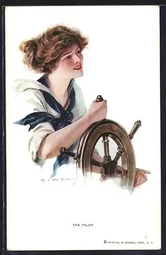 Künstler-AK F. Earl Christy: The Pilot, Schöne Frau am Steuerrad eines Schiffes