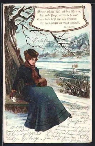 Lithographie Dame im Wintermantel auf einer Bank mit Hut in einer Winterlandschaft