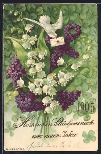 AK Kleine Brieftaube mit Anker aus Veilchen und Maiglöckchenstrauss, Blumenbild
