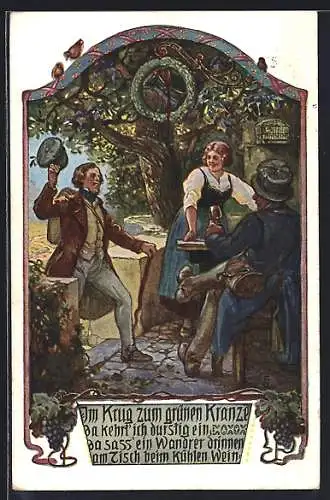 Künstler-AK Volksliederkarte Nr. 3, Im Krug zum grünen Kranze ..., Wanderer in einem Gasthaus