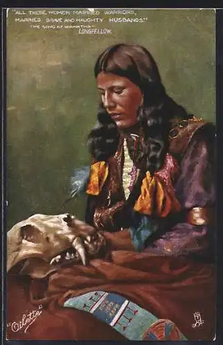 AK Indianerin mit einem Tierkopfskelett