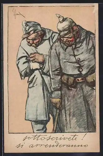 Künstler-AK Aufruf zum Zeichnen italienischer Kriegsanleihen, Deutsche Soldaten in Uniform