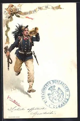 AK 8. Reggimento Bersaglieri, Infanterist mit Gewehr und Trompete, Regimentswappen & Stempel