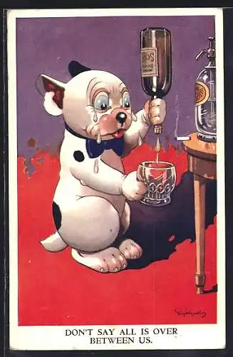 Künstler-AK George Ernest Studdy: Bonzo mit leerer Flasche Scotch